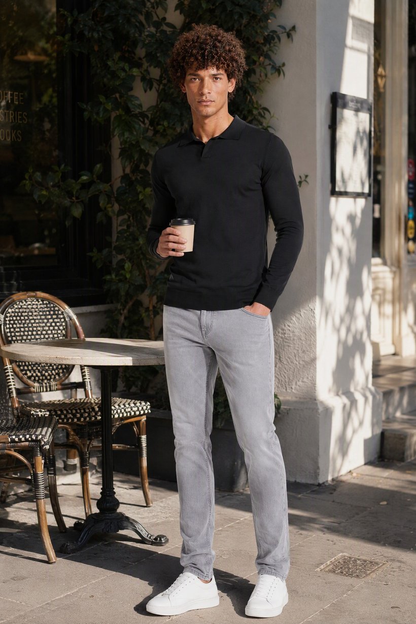 Men Spread Collar Textured Sweater, Black