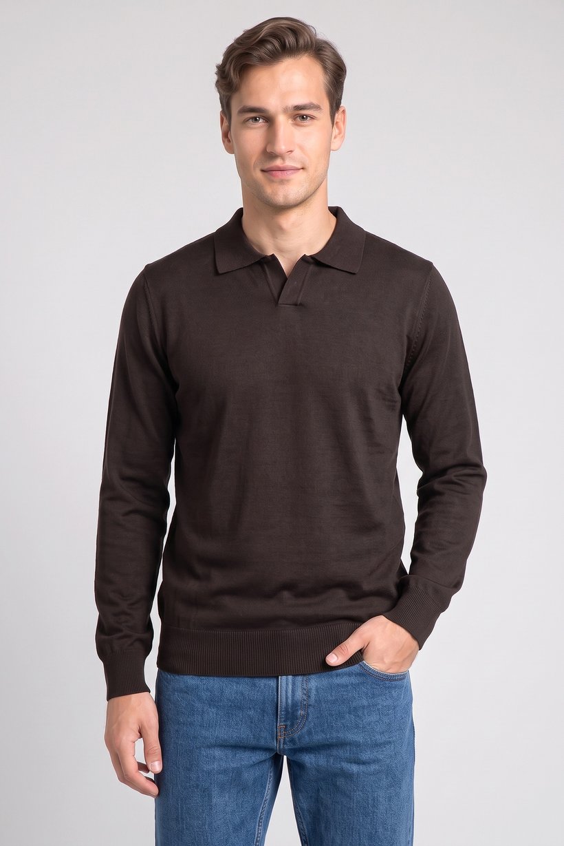 Men Spread Collar Textured Polo Shirt, Dark Brown
