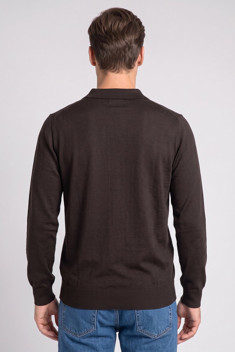 Men Spread Collar Textured Polo Shirt, Dark Brown