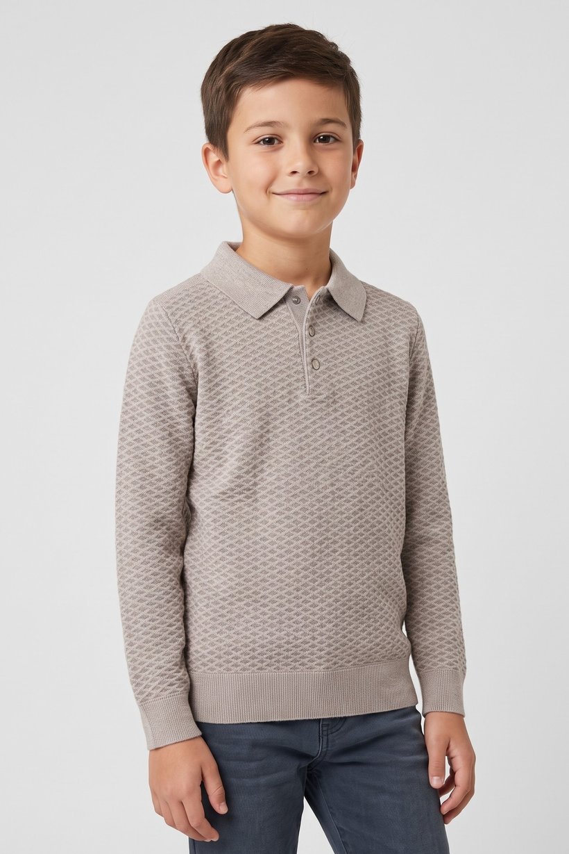 Kids Boy Spread Collar Textured Sweater, Beige