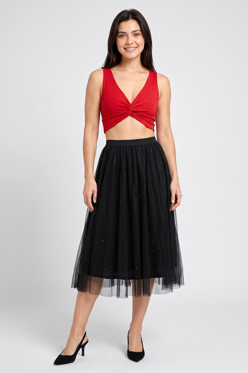 Women Textured Midi Skirt, Black