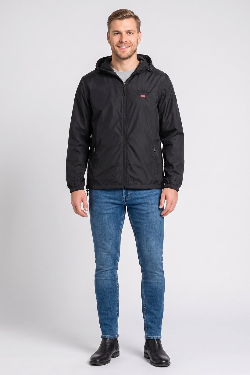 Men Embroidered Logo Windbreaker Jacket, Black