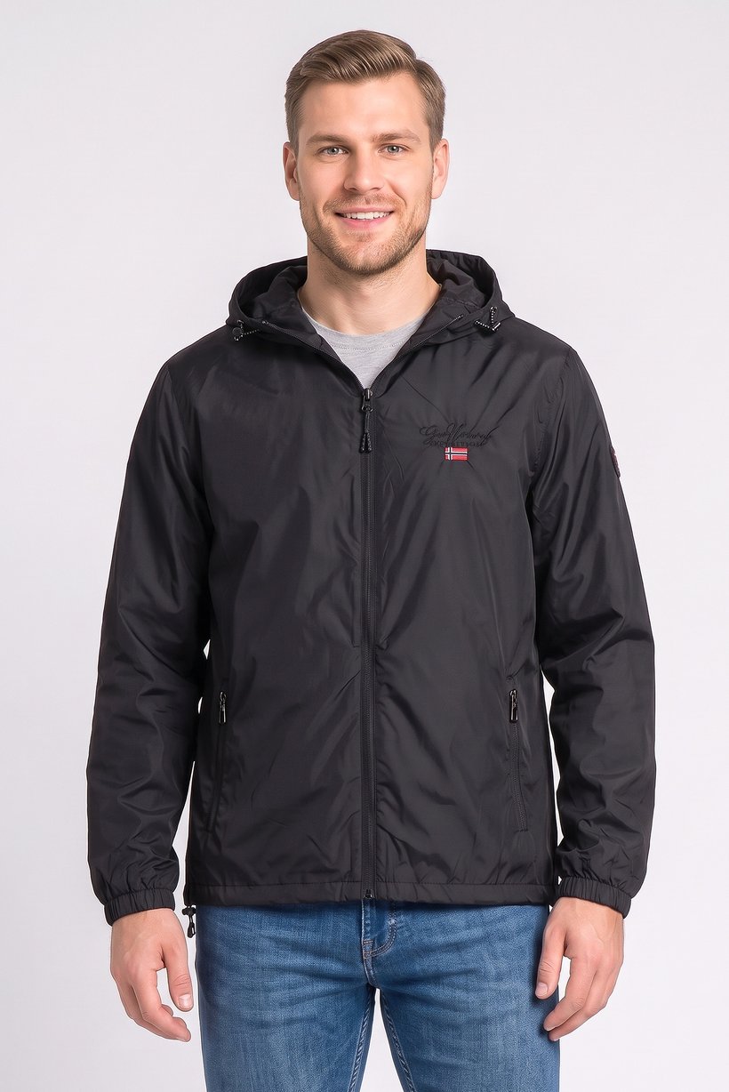 Men Embroidered Logo Windbreaker Jacket, Black