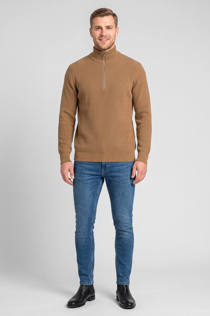 Men High Neck Knitted Sweater, Brown
