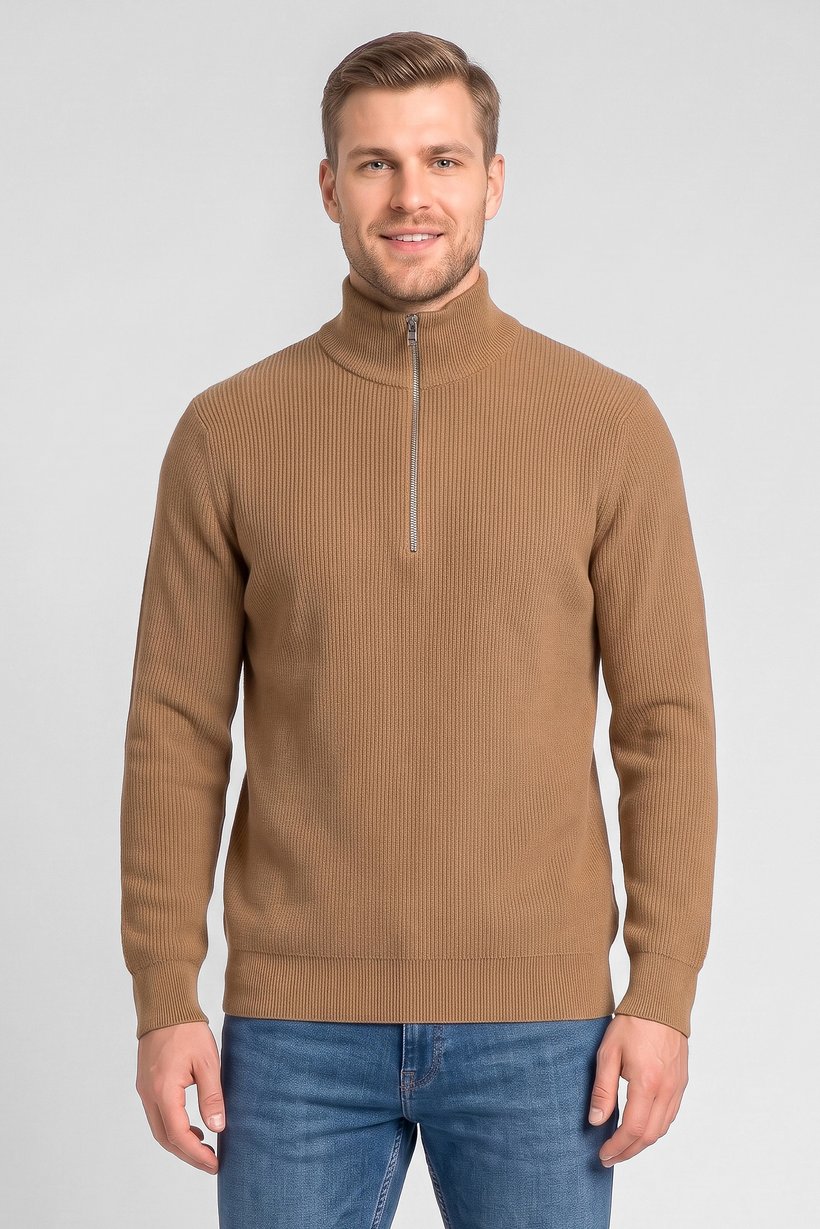 Men High Neck Knitted Sweater, Brown
