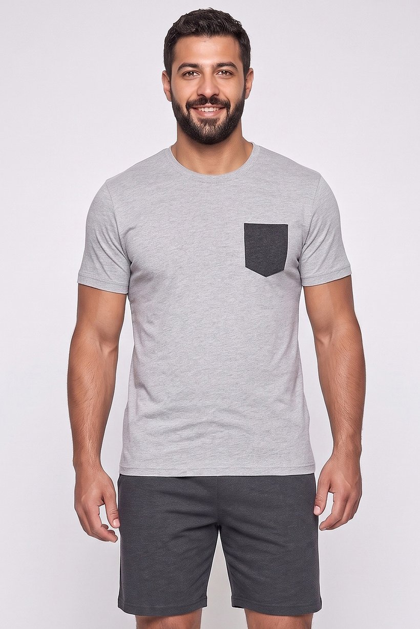 Men 2 Pcs Plain Short Sleeve T-Shirt And Shorts Pajama Set, Grey