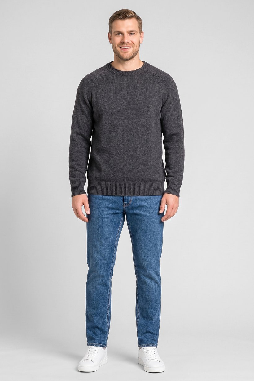 Men Crew Neck Knitted Long Sleeve Sweater, Charcoal Grey