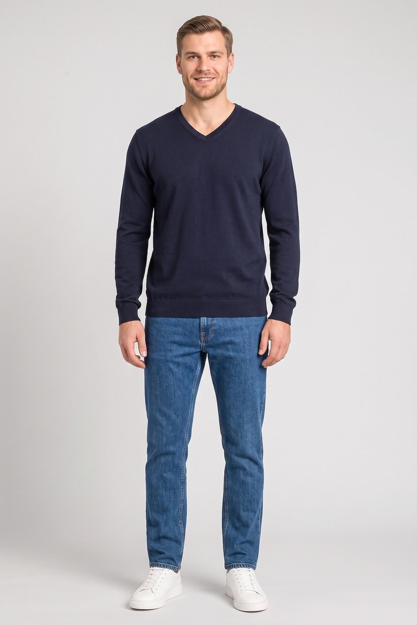 Men V-Neck Knitted Sweater, Dark Navy