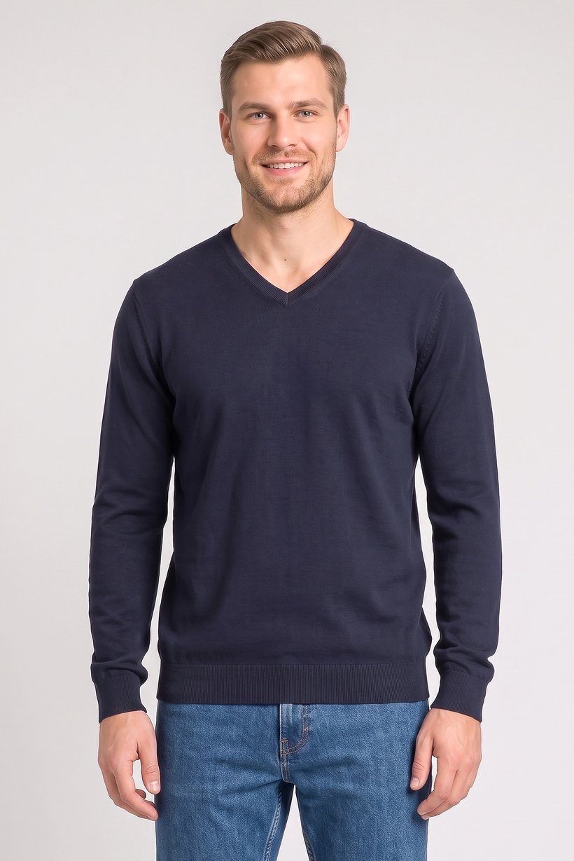 Men V-Neck Knitted Sweater, Dark Navy