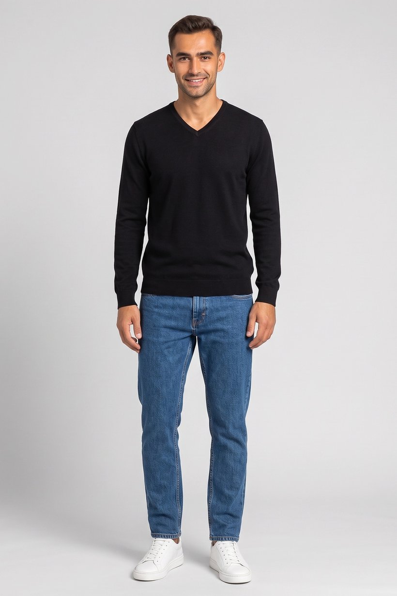 Men V-Neck Knitted Sweater, Black