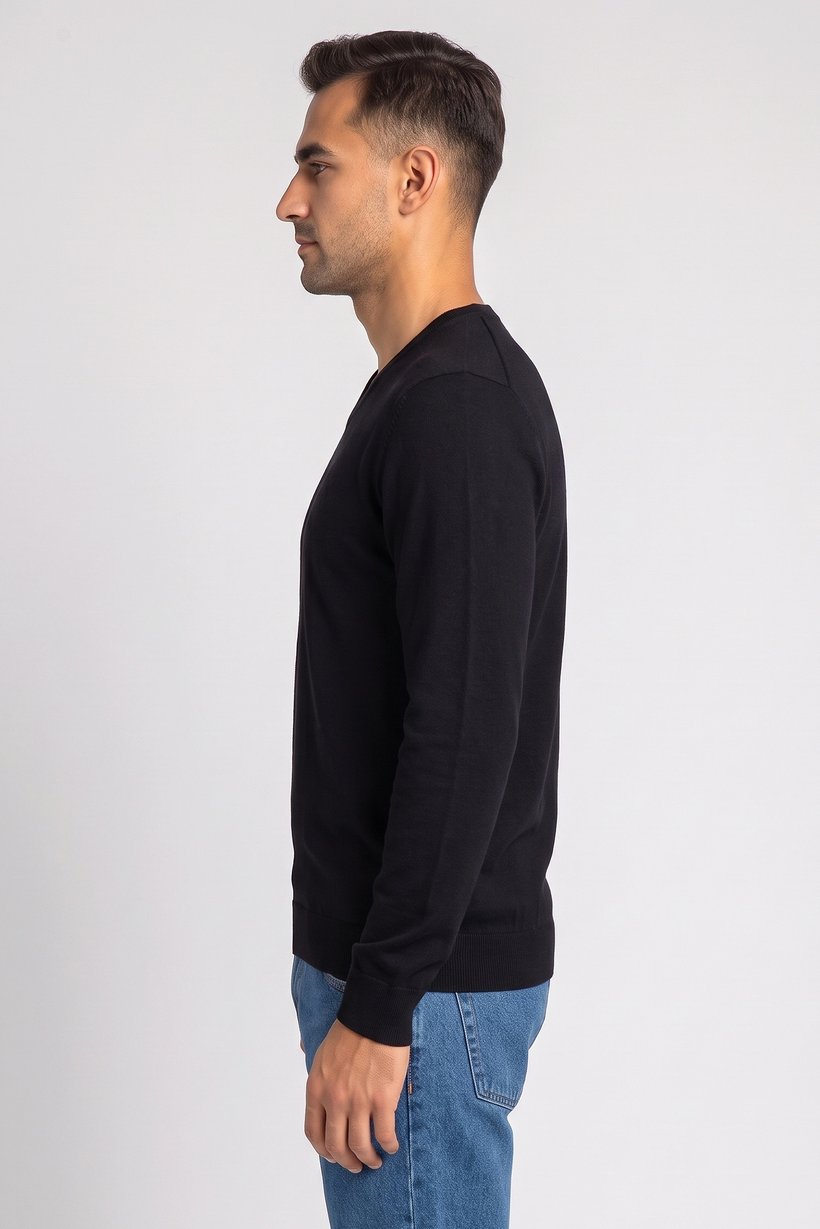 Men V-Neck Knitted Sweater, Black