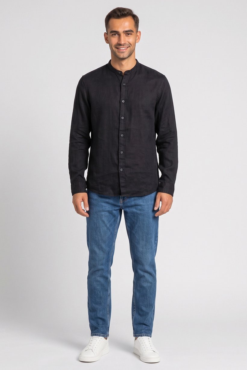 Men Regular Fit Plain Long Sleeve Casual Shirt, Black