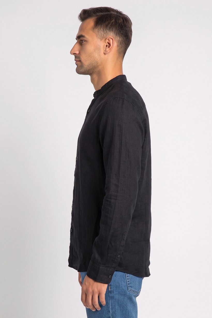 Men Regular Fit Plain Long Sleeve Casual Shirt, Black