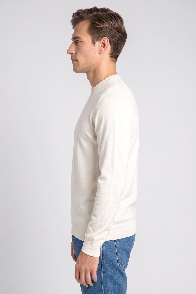 Men Crew Neck Long Sleeve Knitted Sweater, Cream
