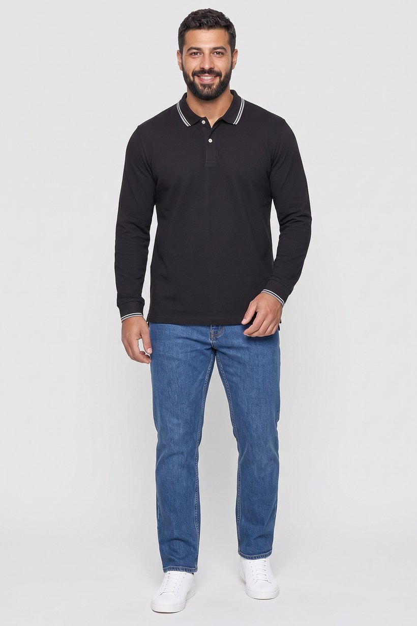 Men Regular Fit Long Sleeve Plain Polo Shirt, Black