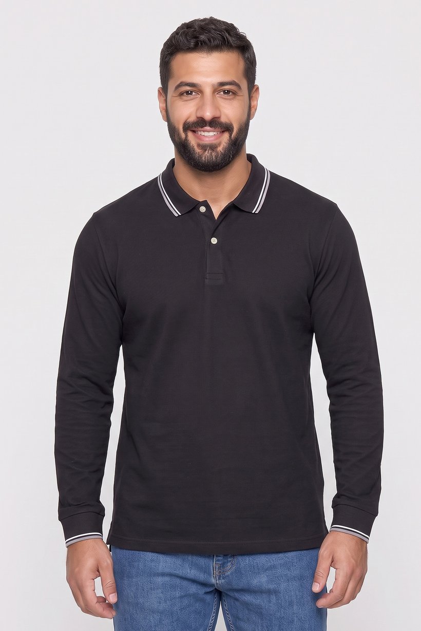 Men Regular Fit Long Sleeve Plain Polo Shirt, Black