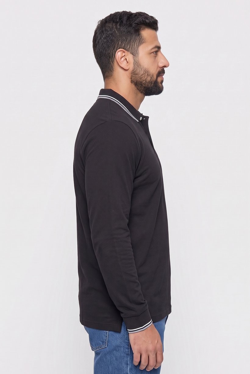 Men Regular Fit Long Sleeve Plain Polo Shirt, Black