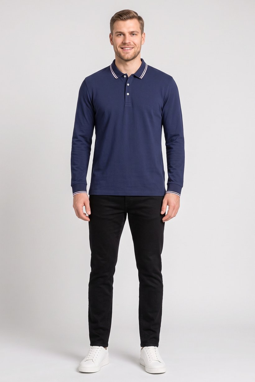 Men Regular Fit Solid Long Sleeves Polo Shirt, Navy