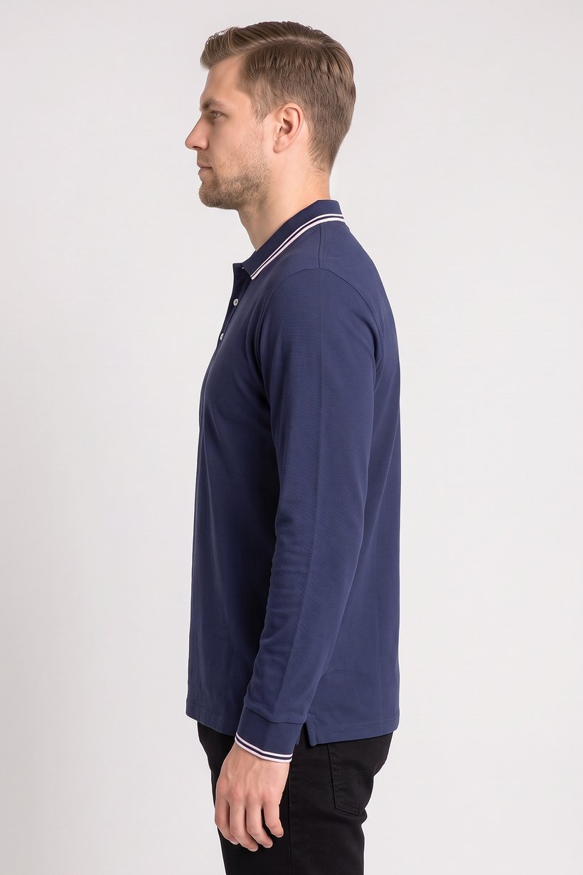 Men Regular Fit Solid Long Sleeves Polo Shirt, Navy