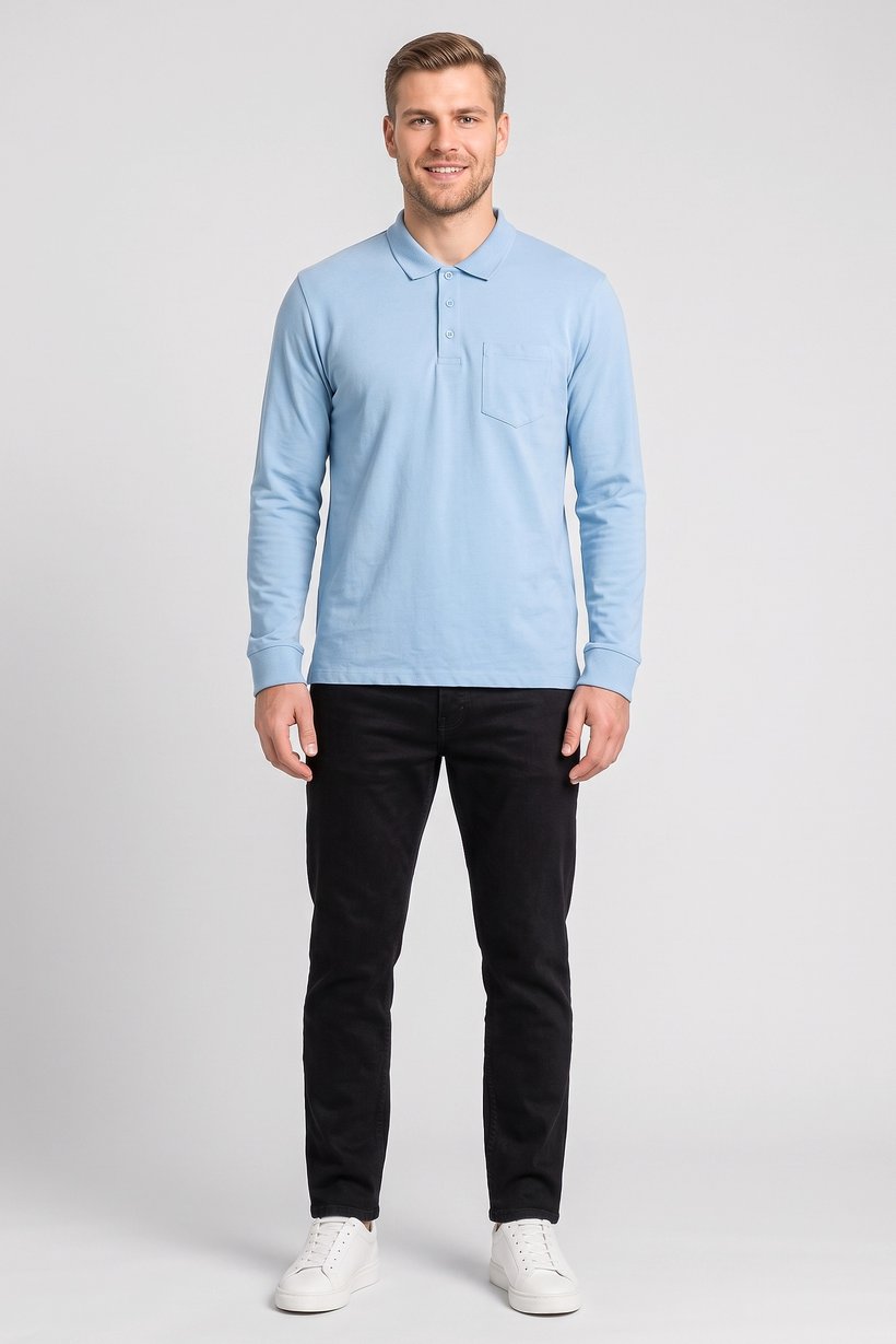 Men Regular Fit Long Sleeve Plain Polo, Blue