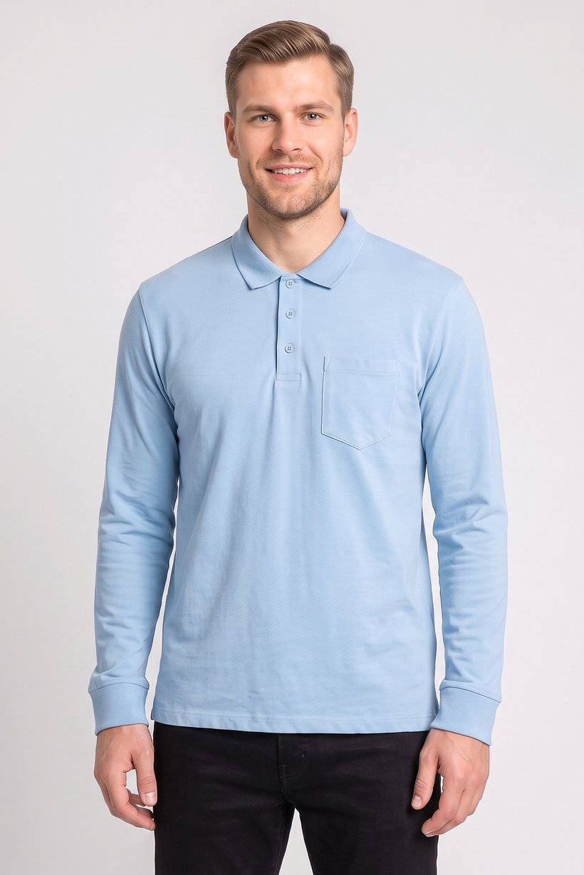 Men Regular Fit Long Sleeve Plain Polo, Blue