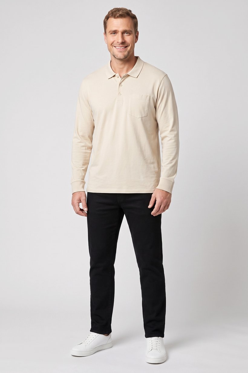 Men Regular Fit Plain Long Sleeve Polo Shirt, Beige