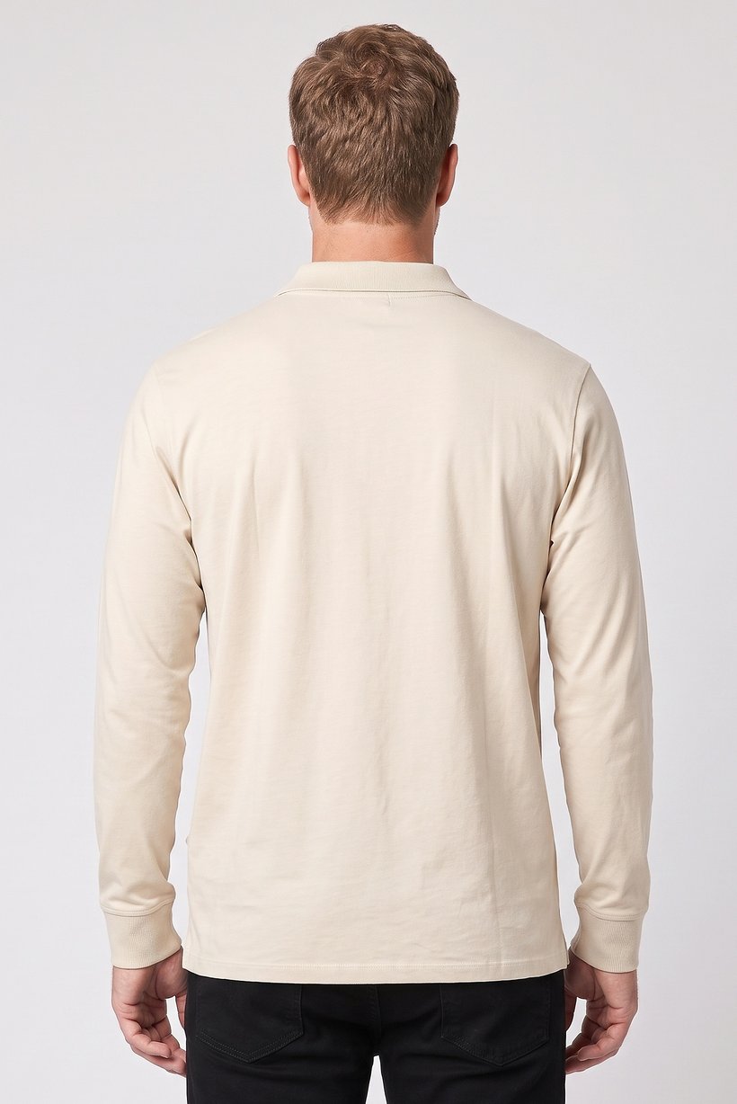 Men Regular Fit Plain Long Sleeve Polo Shirt, Beige