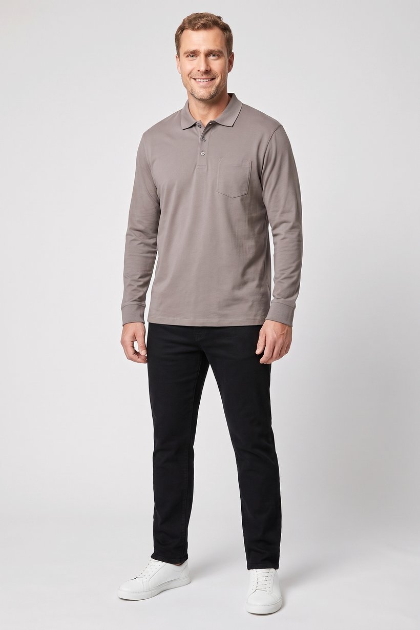 Men Regular Fit Plain Long Sleeve Polo Shirt, Dark Grey