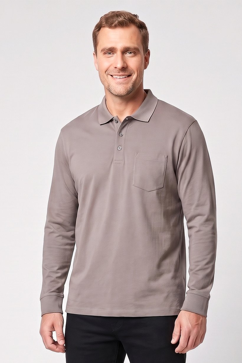 Men Regular Fit Plain Long Sleeve Polo Shirt, Dark Grey