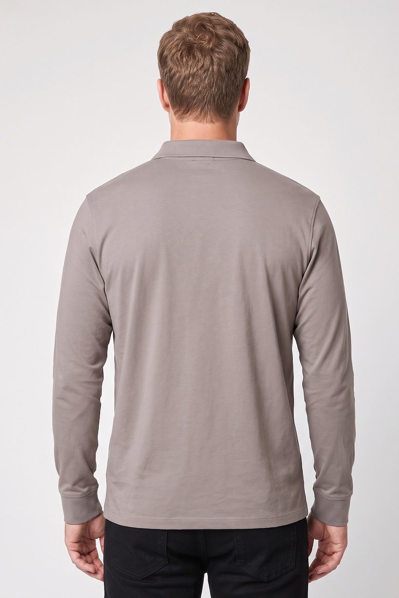 Men Regular Fit Plain Long Sleeve Polo Shirt, Dark Grey