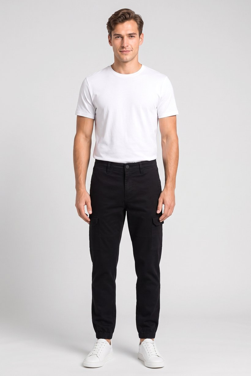 Men Regular Fit Plain Cargo Pants, Black