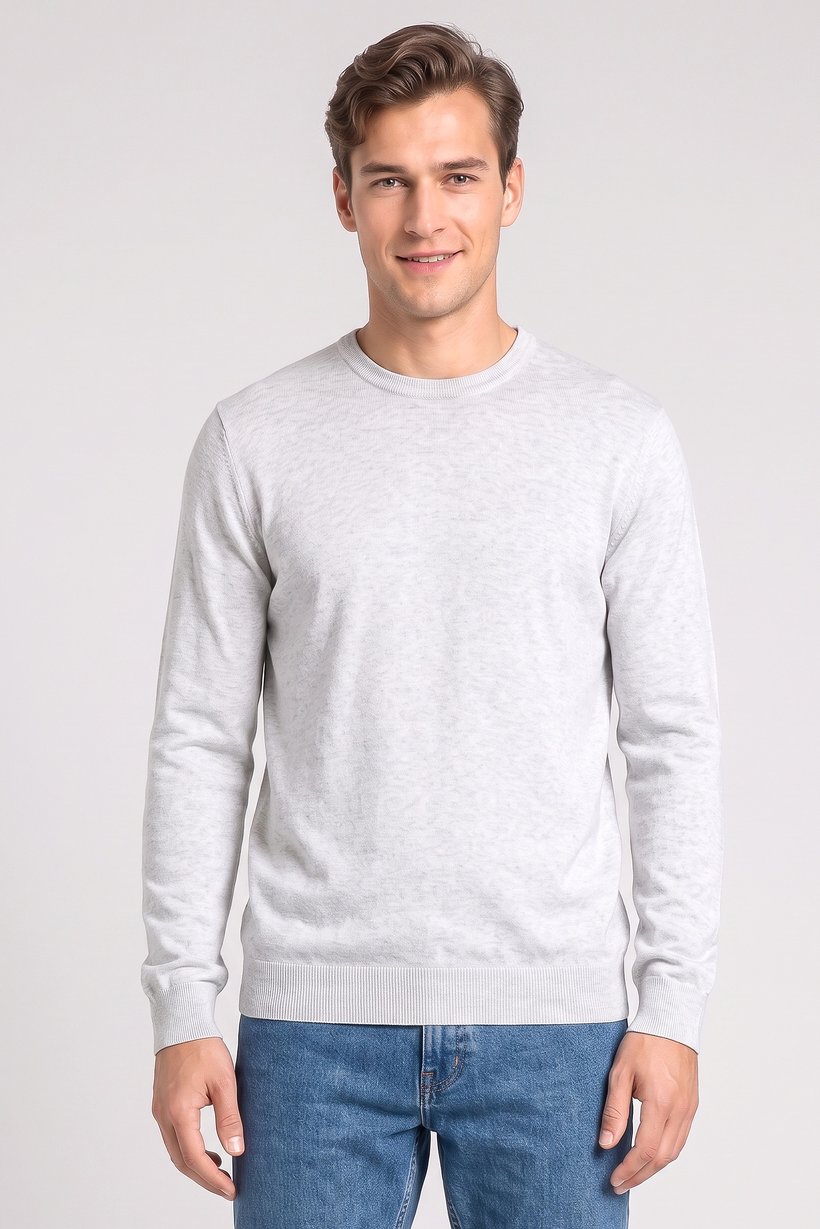 Men Crew Neck Knitted Long Sleeve Sweater, Light Grey