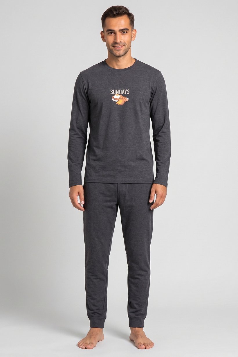 Men 2 Pcs Graphic Print Long Sleeve T-Shirt And Pants Pyjama Set, Grey