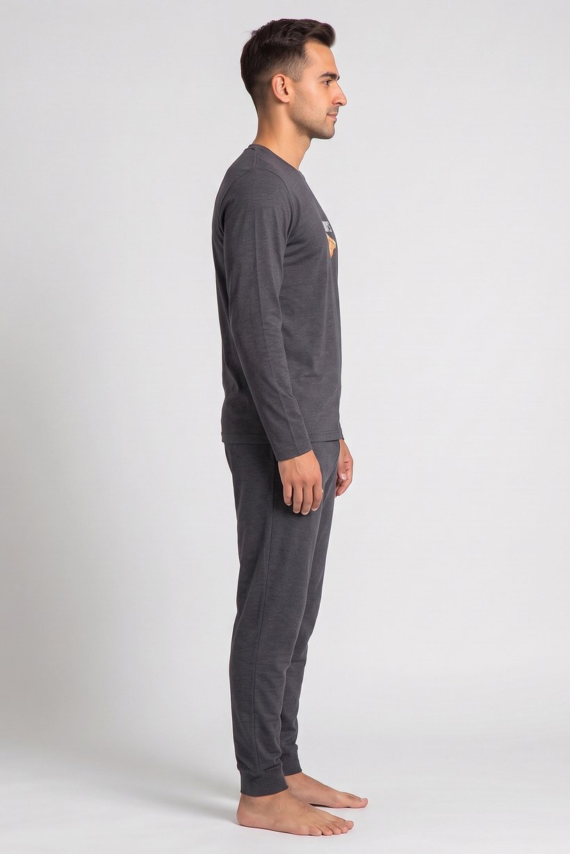 Men 2 Pcs Graphic Print Long Sleeve T-Shirt And Pants Pyjama Set, Grey