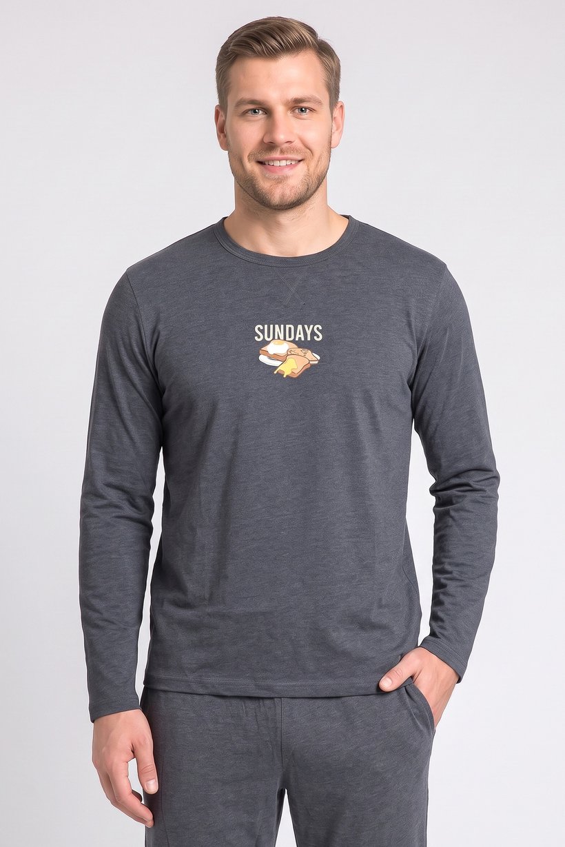 Men 2 Pcs Graphic Print Long Sleeve T-Shirt And Pants Pyjama Set, Dark Grey