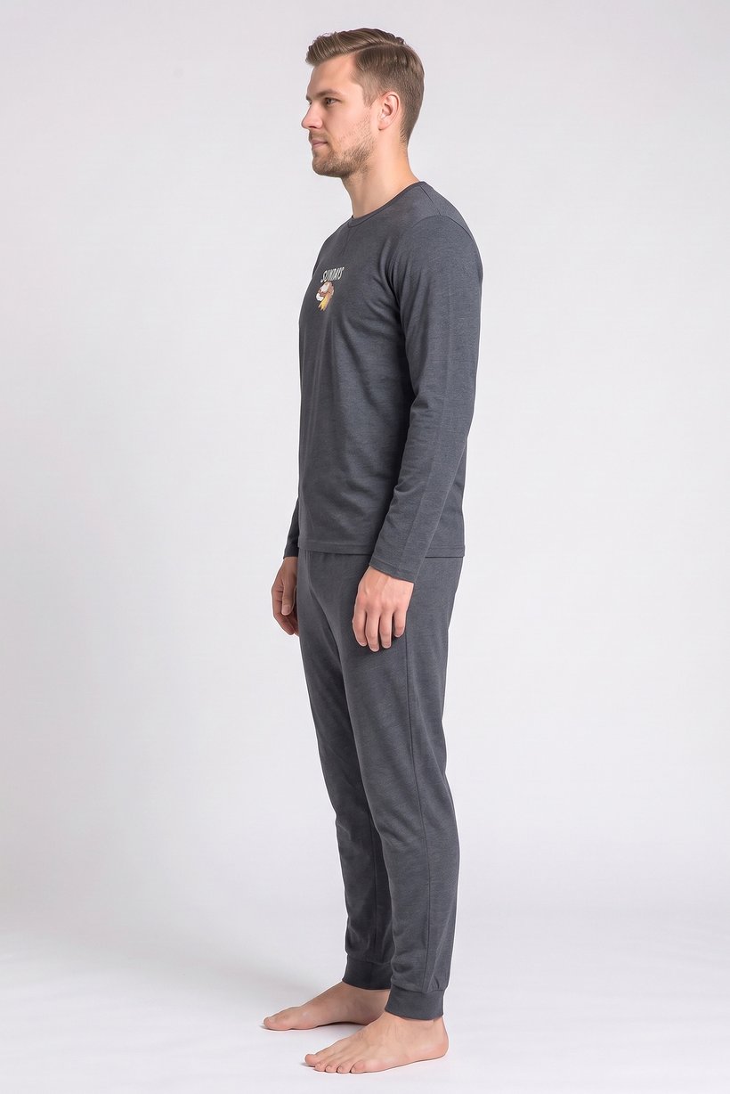 Men 2 Pcs Graphic Print Long Sleeve T-Shirt And Pants Pyjama Set, Dark Grey