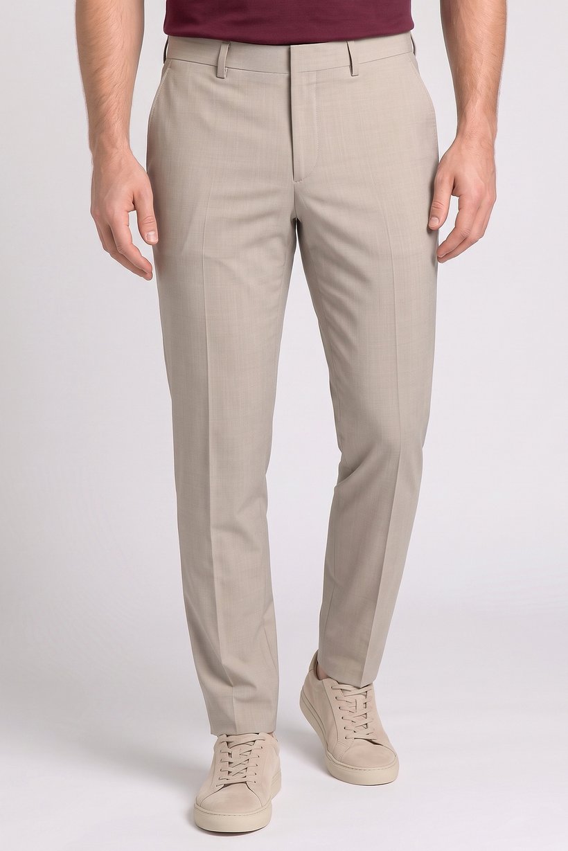 Men Slim Fit Solid Straight Leg Pants, Beige