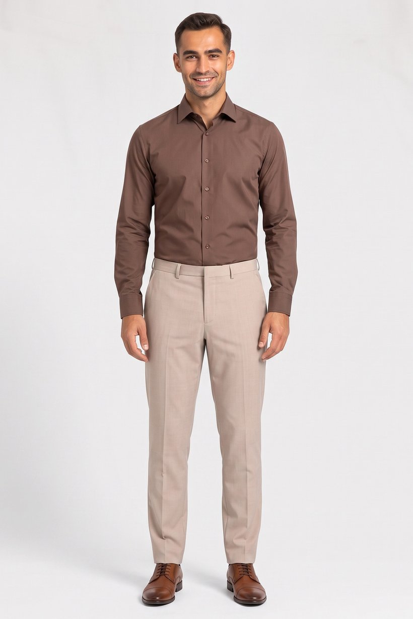 Men Slim Fit Solid Dress Pants, Beige