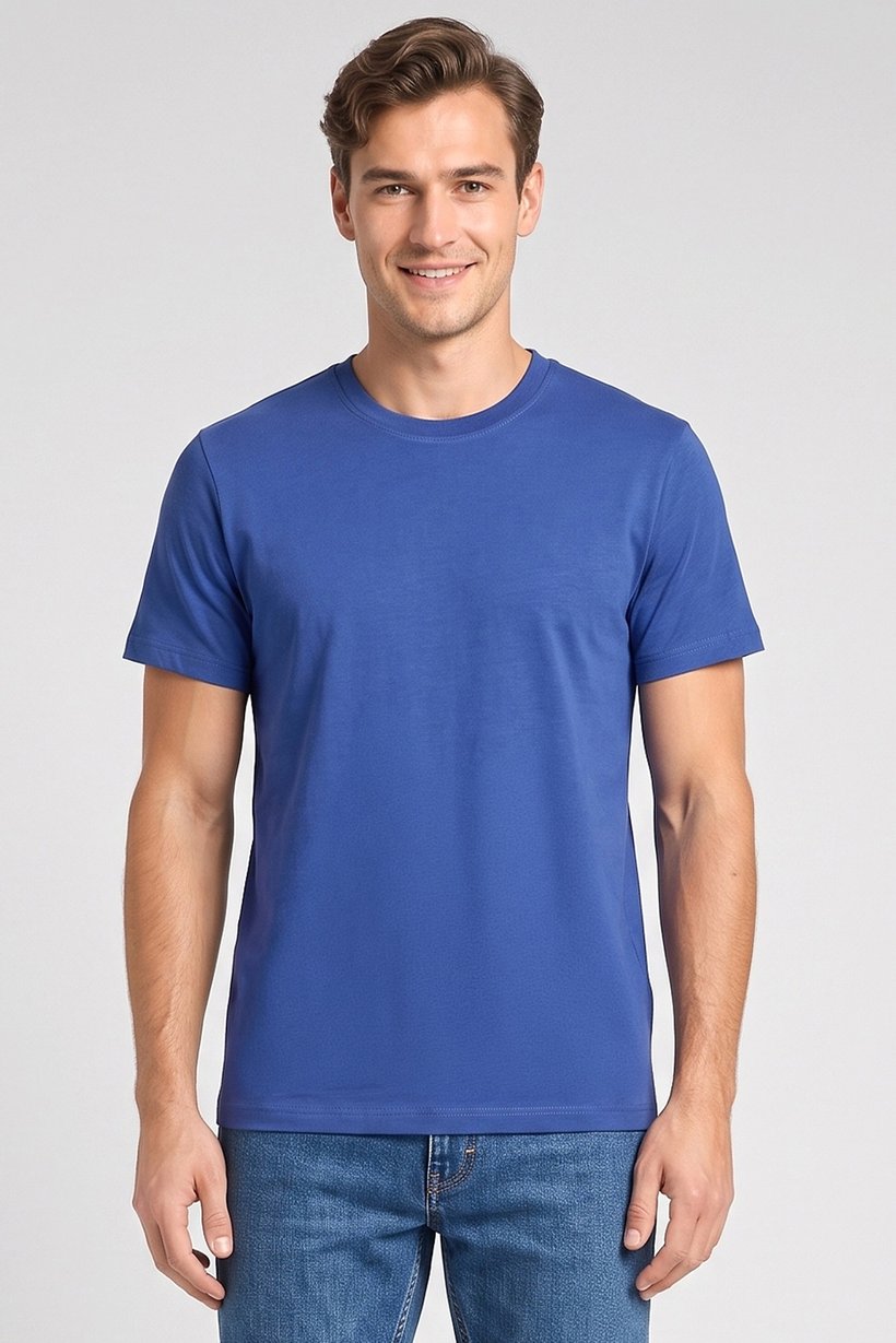 Men Crew Neck Short Sleeve Solid T-shirt, Blue