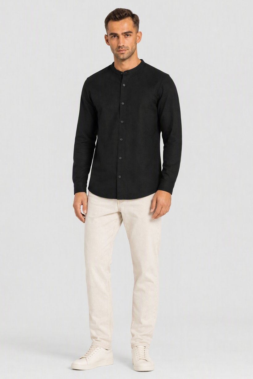 Men Regular Fit Long Sleeve Chambray Casual Shirt, Black