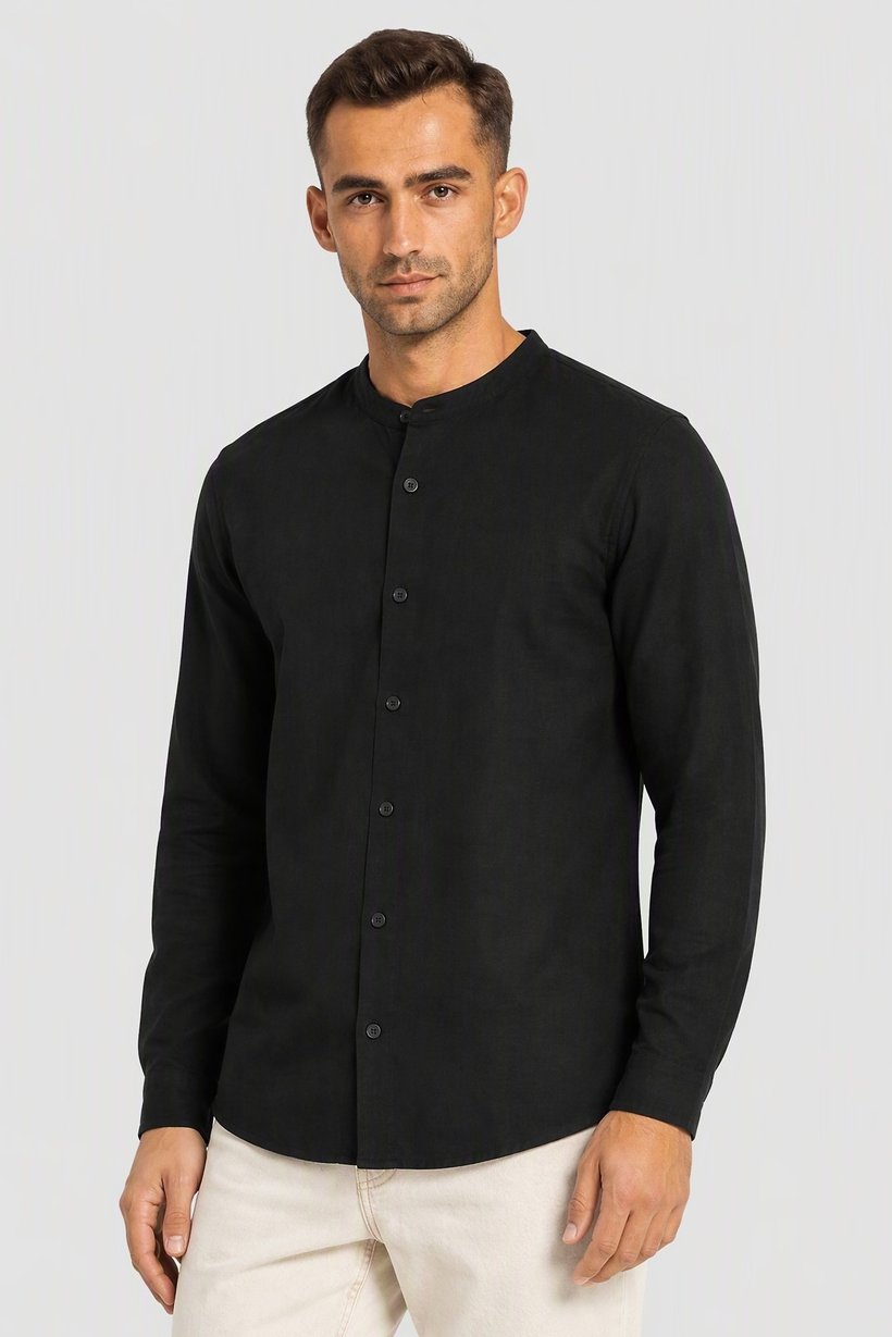 Men Regular Fit Long Sleeve Chambray Casual Shirt, Black
