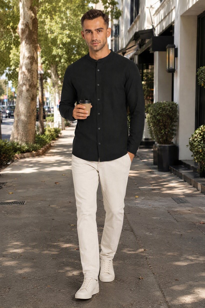 Men Regular Fit Long Sleeve Chambray Casual Shirt, Black