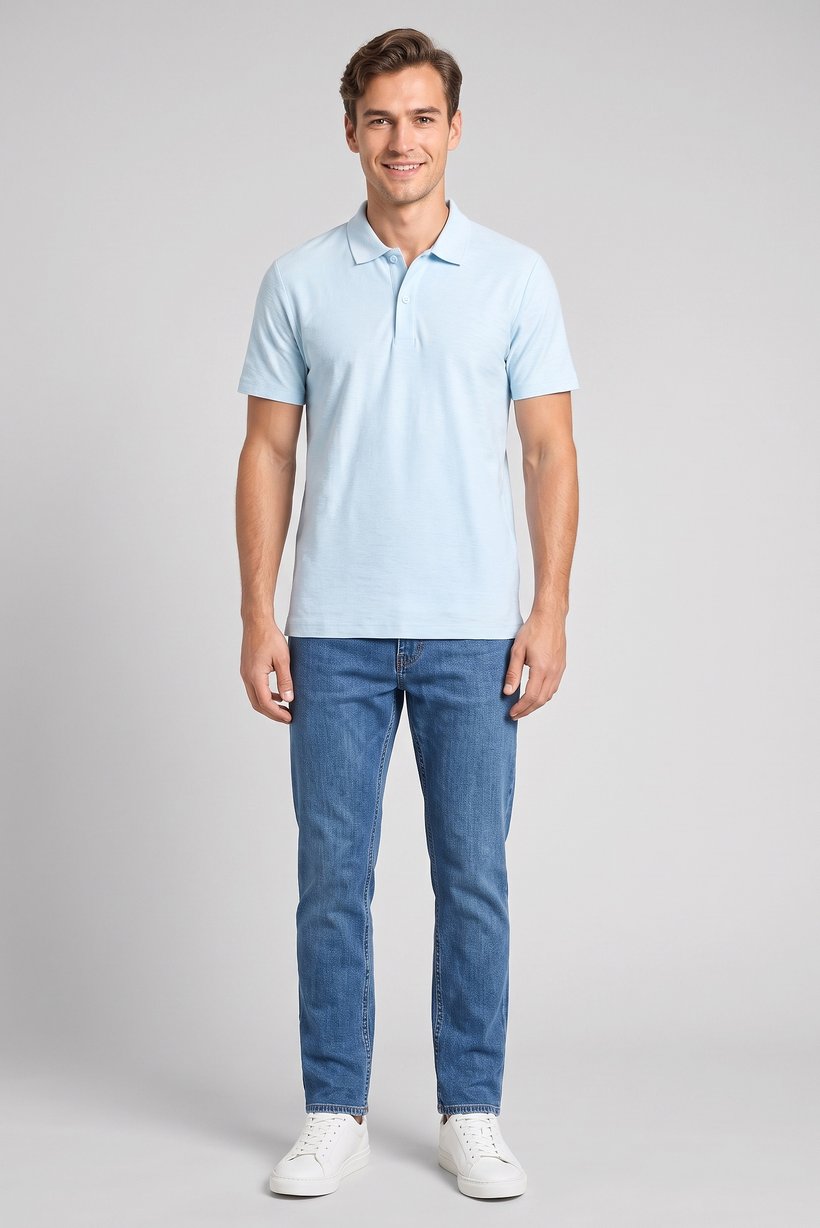Men Regular Fit Textured Short Sleeves Polo Shirt, Light Blue