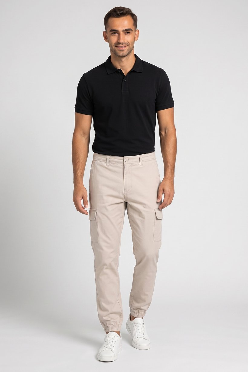 Men Slim Fit Solid Cargo Pants, Beige