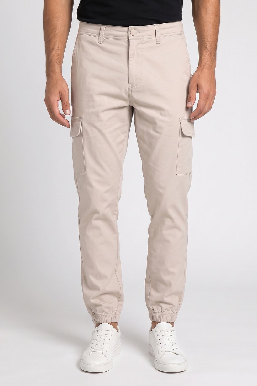 Men Slim Fit Solid Cargo Pants, Beige