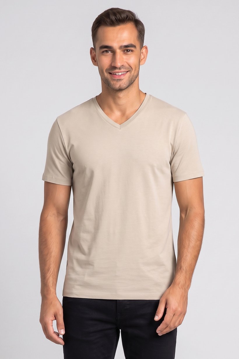 Men V Neck Short Sleeve Plain T-Shirt, Light Brown
