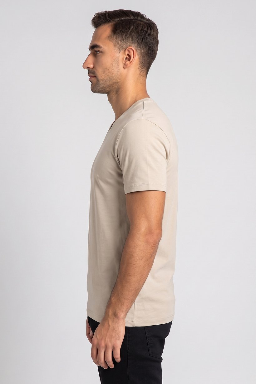 Men V Neck Short Sleeve Plain T-Shirt, Light Brown