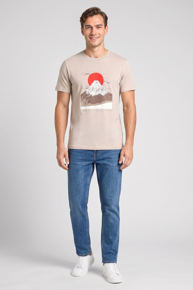 Men Crew Neck Short Sleeve Graphic Print T-Shirt, Taupe