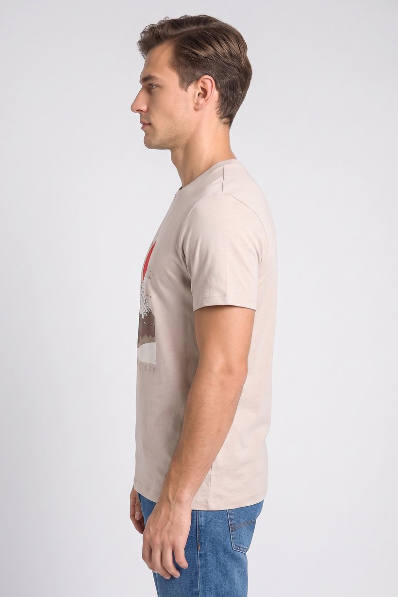 Men Crew Neck Short Sleeve Graphic Print T-Shirt, Taupe