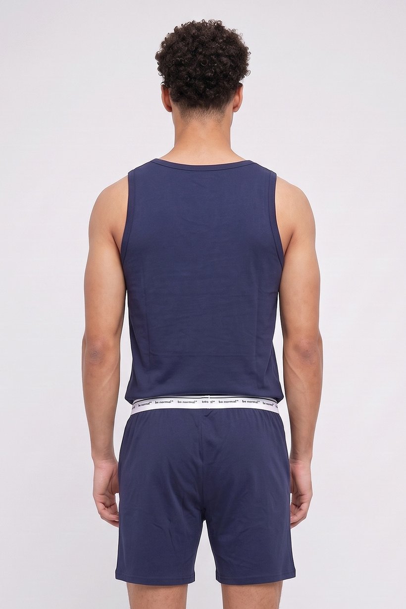 Men 2 Pcs Plain Sleeveless Vest And Shorts Pyjama Set, Navy